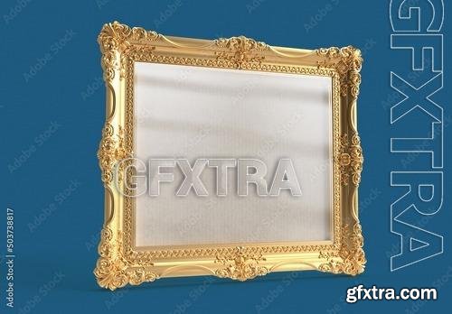 Simply Beautiful Gold and Ornamented Frame Mockup on a Blue Background 503738817