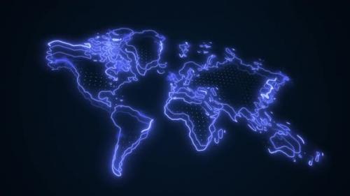 Videohive - 3D Neon Blue World Map Borders Outline Loop Background - 41886378