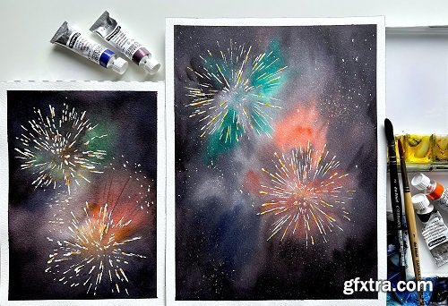 Fireworks in watercolour: painting festive Christmas and New Year postcards