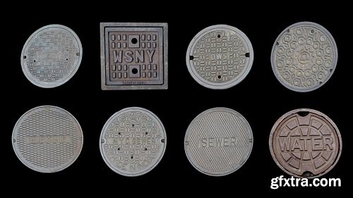 Set of 8 New York Manhole Cover Decals 3D Model
