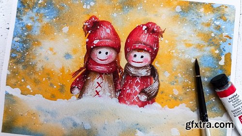 Watercolor Cards for Beginners : Paint Cute Dolls in Snow