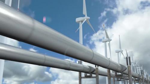Videohive - Moving along gas main pipeline and spinning wind turbines on the background loop 4k - 42181733