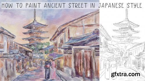  Watercolor street in Japanese style in Procreate - digital tutorial step by step