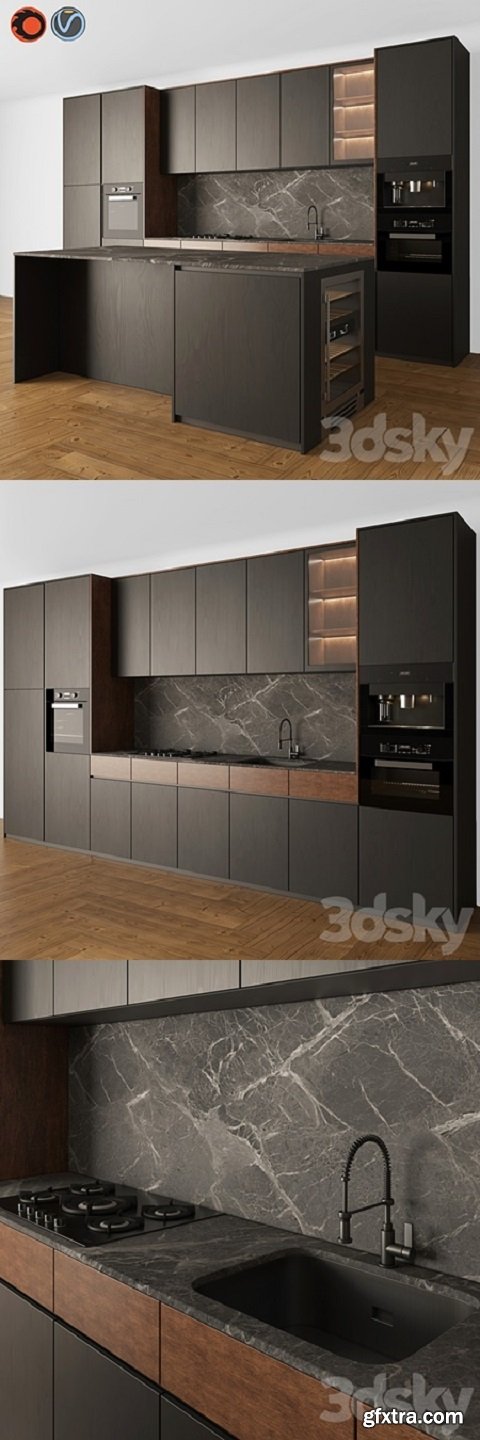Kitchen Modern 05 Black & Wood