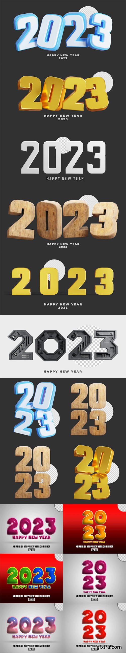 15 Happy New Year 2023 3D Renders PSD Templates