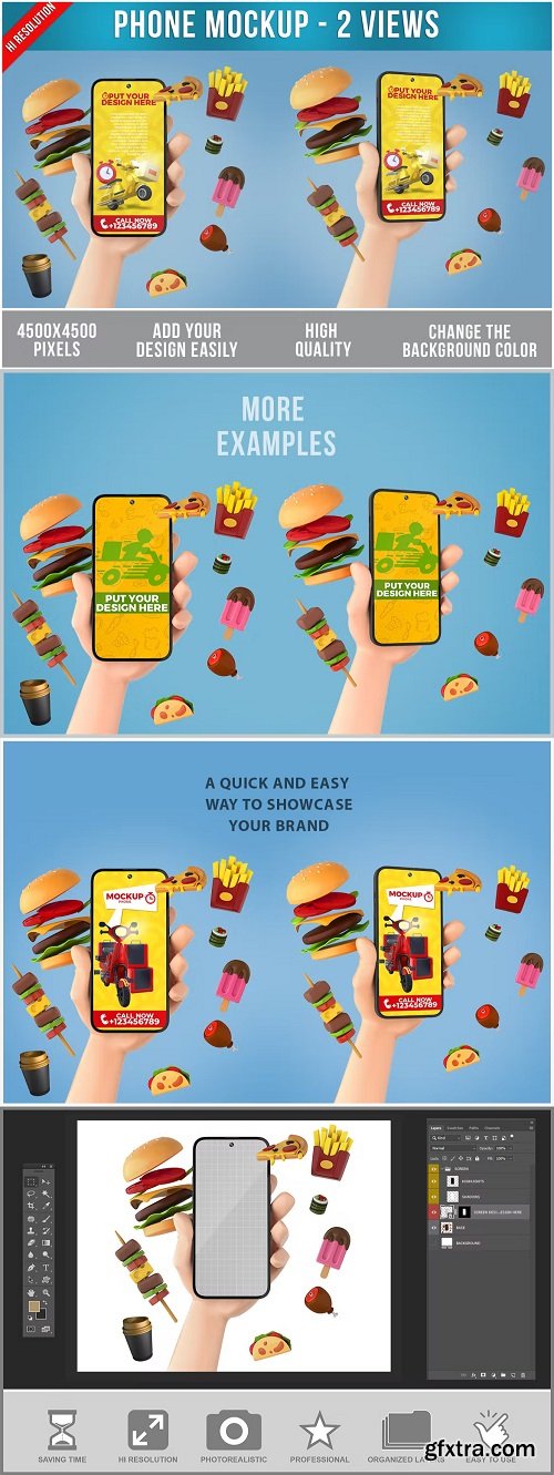 Cartoon Hand Holding Phone Mockup with food PSD