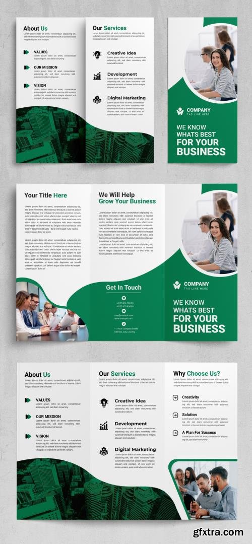 Trifold Brochure Layout with Green Triangle Designs 523830626