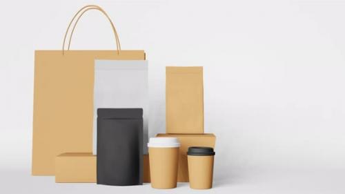 Videohive - Packaging set paper shopping bag black pouch coffee cups box mockup 3D animation Take away food 4K - 42659558