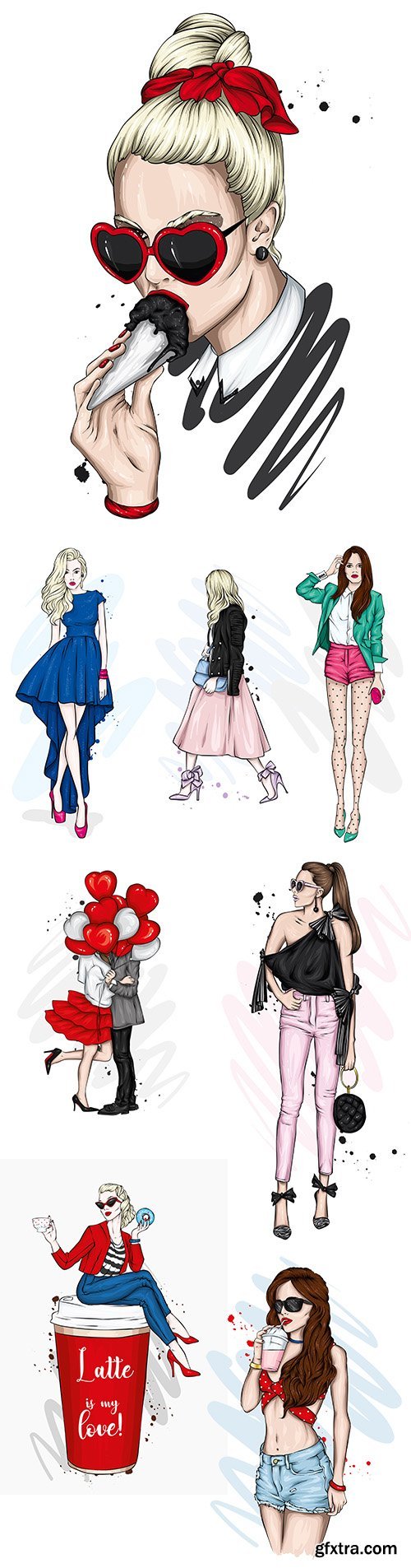 Fashion girl in different stylish clothes with accessories
