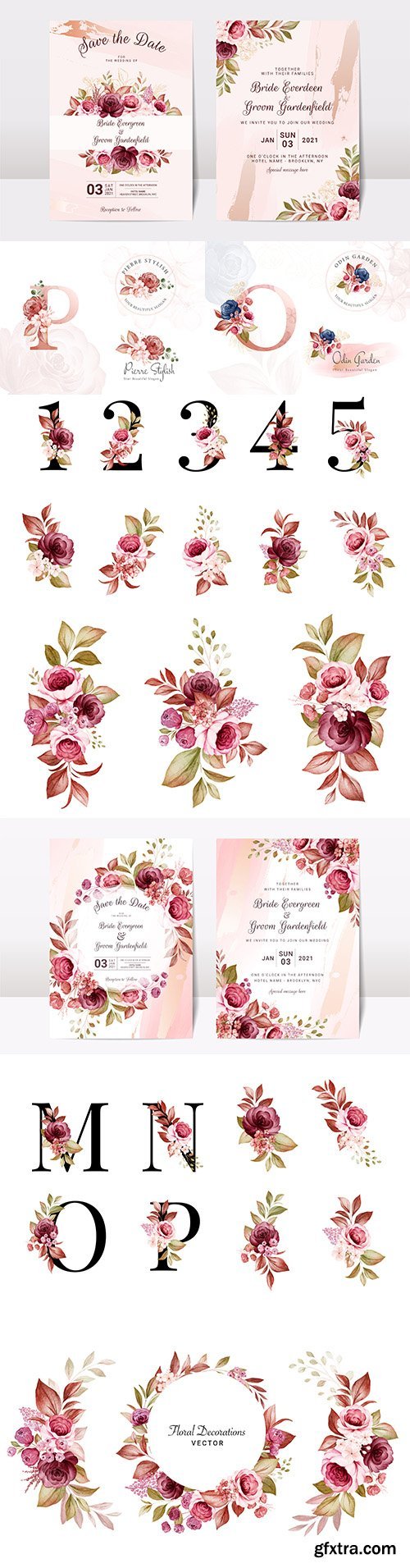 Floral wedding invitation template with elegant burgundy and brown roses
