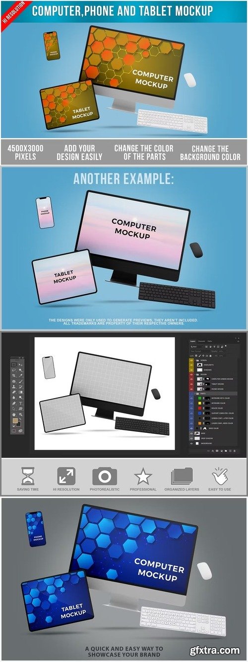 Flying Computer Phone and Tablet Mockup