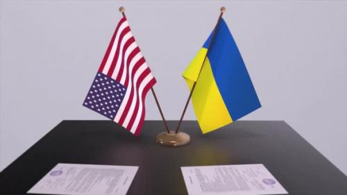 Videohive - Ukraine and USA at the negotiating table, a diplomatic deal. Business and politics animation - 42679492