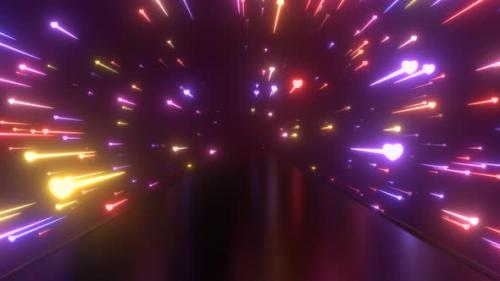 Videohive - Neon Hearts Shooting Star Comets Fly Light Speed Over Reflection Path - 4K - 42723339