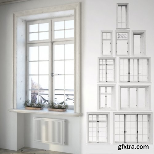Set classical arched windows with decor