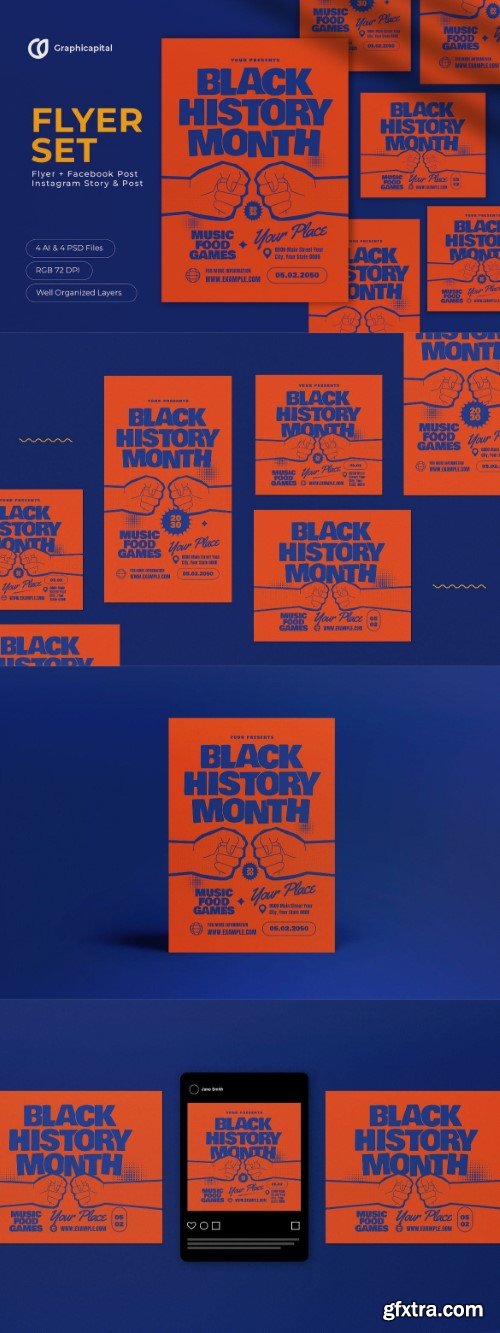 Orange Flat Design Black History Month Flyer Set KVY2BUR