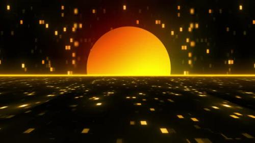 Videohive - Futuristic Animation Of Retro Land, Retro Background With Sun And Digital Dot Moving. Abstract Anima - 42762734