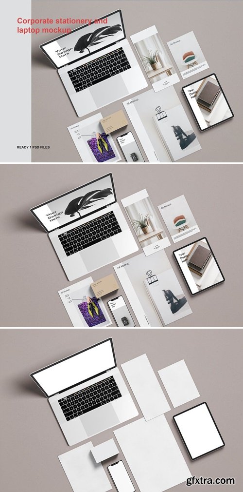 Corporate stationery and laptop mockup K4RV4BC