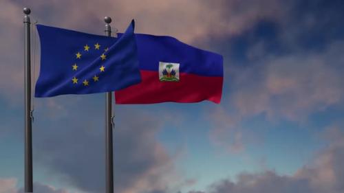 Videohive - Haiti Flag Waving Along With The European Union Flag - 4K - 42950997