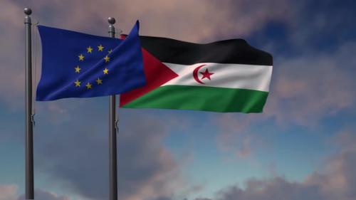 Videohive - Western Sahara Flag Waving Along With The European Union Flag - 4K - 42954808