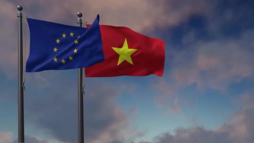 Videohive - Vietnam Flag Waving Along With The European Union Flag - 4K - 42954809