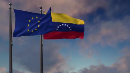 Videohive - Venezuela Flag Waving Along With The European Union Flag - 4K - 42954816