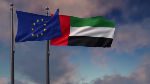 Videohive - United Arab Emirates Flag Waving Along With The European Union Flag - 2K - 42954819