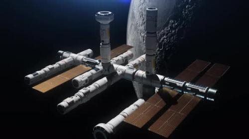Videohive - construction of a space station orbiting the moon. the concept of technology - 42974604