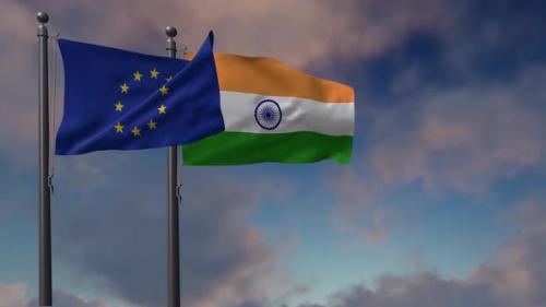 Videohive - India Flag Waving Along With The European Union Flag - 4K - 42950989