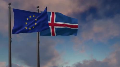 Videohive - Iceland Flag Waving Along With The European Union Flag - 4K - 42950990