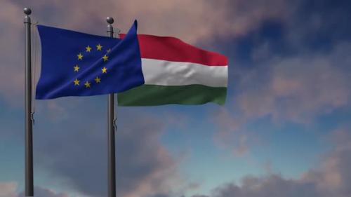 Videohive - Hungary Flag Waving Along With The European Union Flag - 2K - 42950993