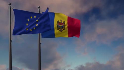 Videohive - Moldova Flag Waving Along With The European Union Flag - 4K - 42948574