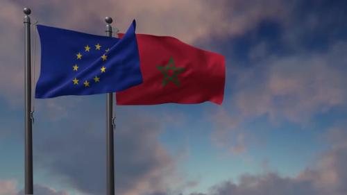 Videohive - Morocco Flag Waving Along With The European Union Flag - 4K - 42948586