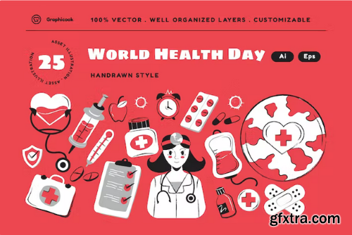 Red Hand Drawn World Health Day Illustration Set