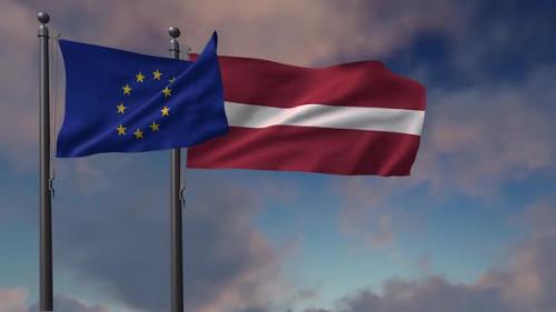 Videohive - Latvia Flag Waving Along With The European Union Flag - 2K - 42948979