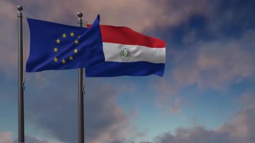Videohive - Paraguay Flag Waving Along With The European Union Flag - 4K - 42948984