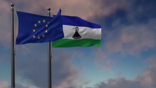 Videohive - Lesotho Flag Waving Along With The European Union Flag - 4K - 42948992