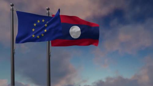 Videohive - Laos Flag Waving Along With The European Union Flag - 2K - 42948993