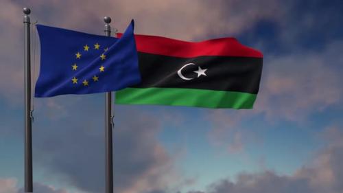 Videohive - Libya Flag Waving Along With The European Union Flag - 4K - 42949000