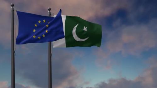 Videohive - Pakistan Flag Waving Along With The European Union Flag - 4K - 42949013