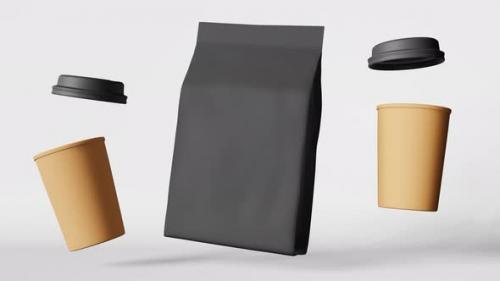 Videohive - Black pouch bag coffee cups with lids levitating 3D animation Coffee shop discount demonstration 4K - 43043607
