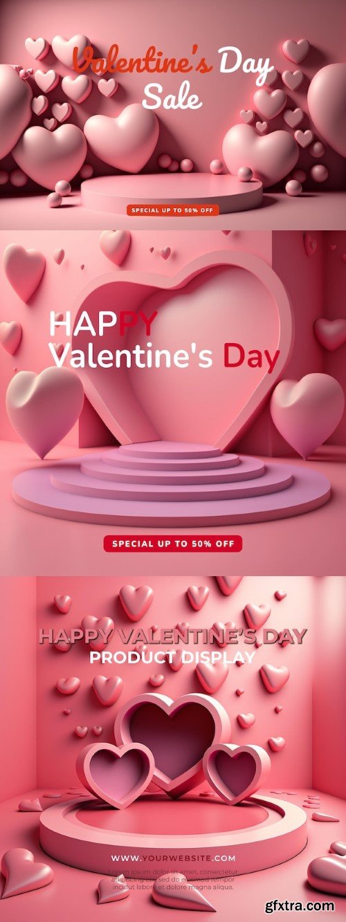 Happy valentines day podium. holiday romantic background mockup with decorative love hearts
