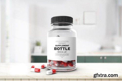 Glass pills bottle mockup on podium table realisitc mockup