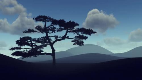 Videohive - Lonely zen tree at night in fog and clouds. - 43220445