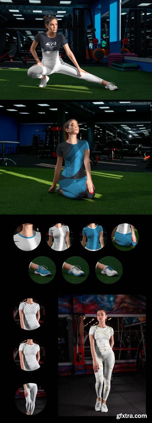 3 Mockups of Woman in T-Shirt and Leggings in the Gym 464128265