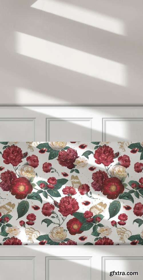 Red Roses Pattern Wallpaper Mockup 434372157
