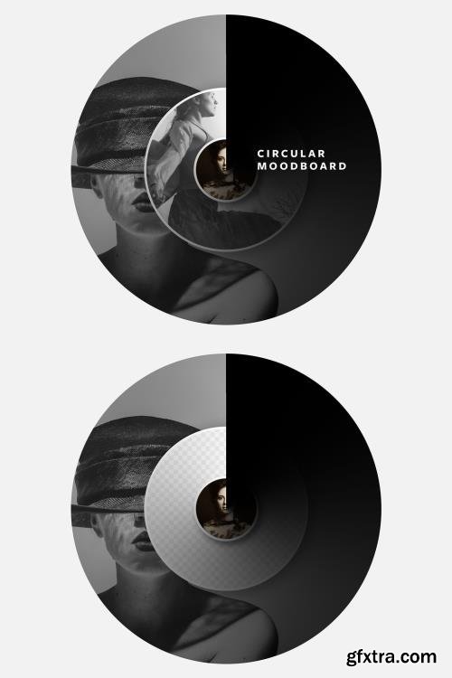 Circular MoodBoard With Black Gradient Overlay and 3 Placeholder Options 547934161
