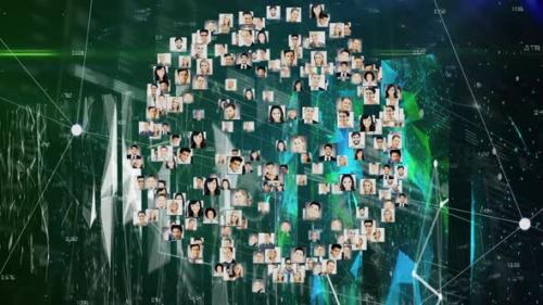 Videohive - Digital composition of globe of multiple profile icons spinning against plexus networks on green bac - 43354406