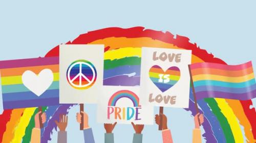Videohive - Animation of lgbtq demonstration posters and rainbow flags over rainbow - 43356074