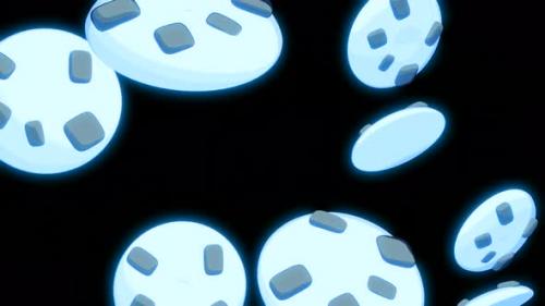 Videohive - Many Blue Neon Round Cookies with Chocolate Chips Rotating and Falling Down on a Black Background - 43411165
