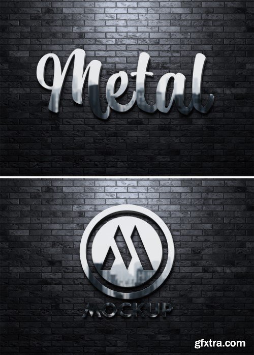 Metal Text Effect on Dark Brick Wall with 3D Glossy Reflection Mockup